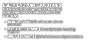 ESET® ENDPOINT SOLUTIONS Multilayered technology, machine learning & human expertise are the three pillars of our technology.  •	ESET LiveGrid® | Cloud-based malware protection •	MACHINE LEARNING | Correctly labels  incoming samples •	HUMAN EXPERTISE | World-class security researchers